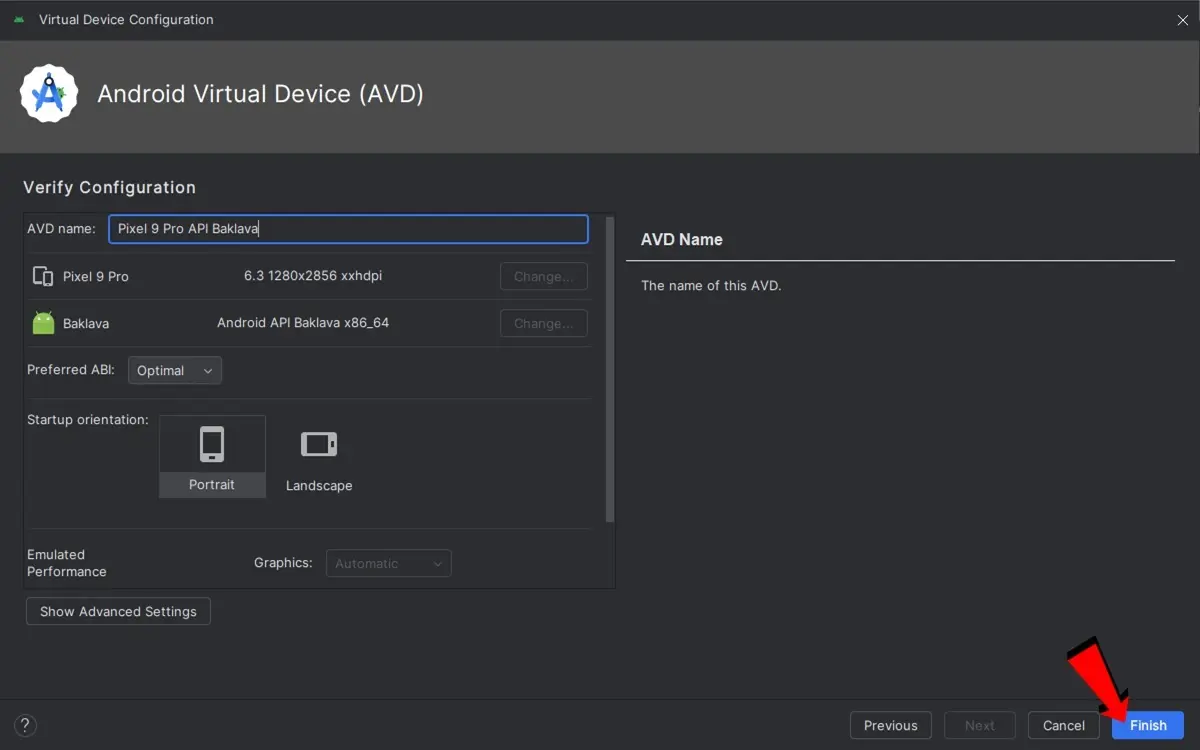 Presione Fin Para Crear Su Dispositivo Virtual Android 16 En Pc