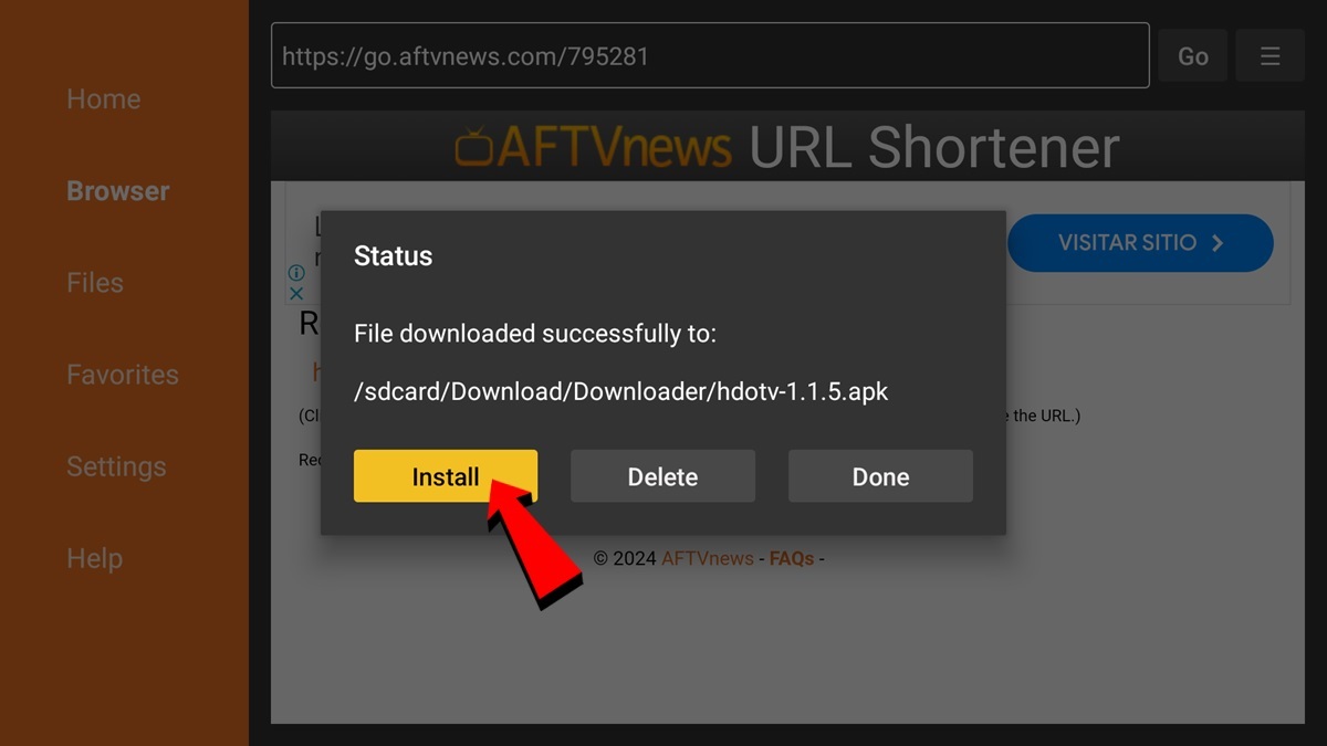 Presiona en Install para instalar el APK de HDO Box