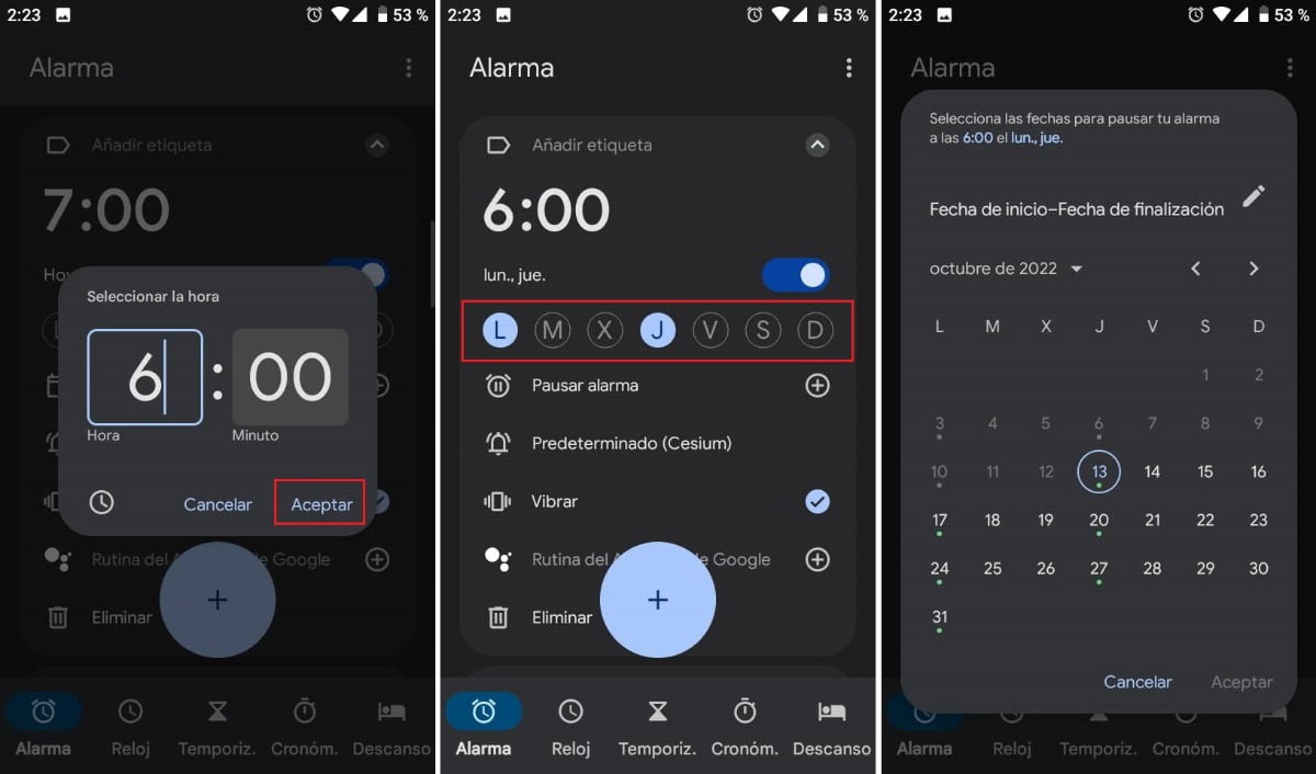 Programar alarma para que se repita ciertos dias de la semana