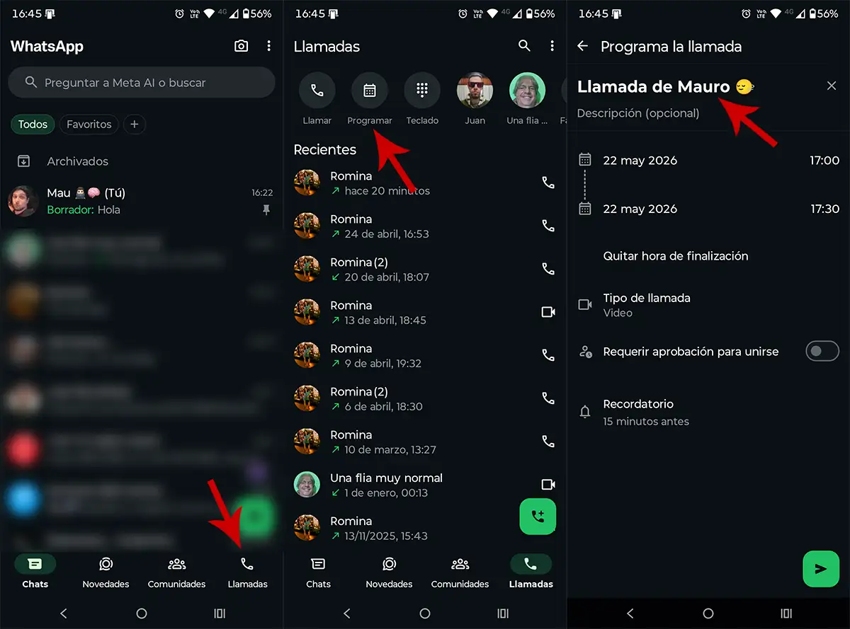 Programar llamada o videollamada WhatsApp