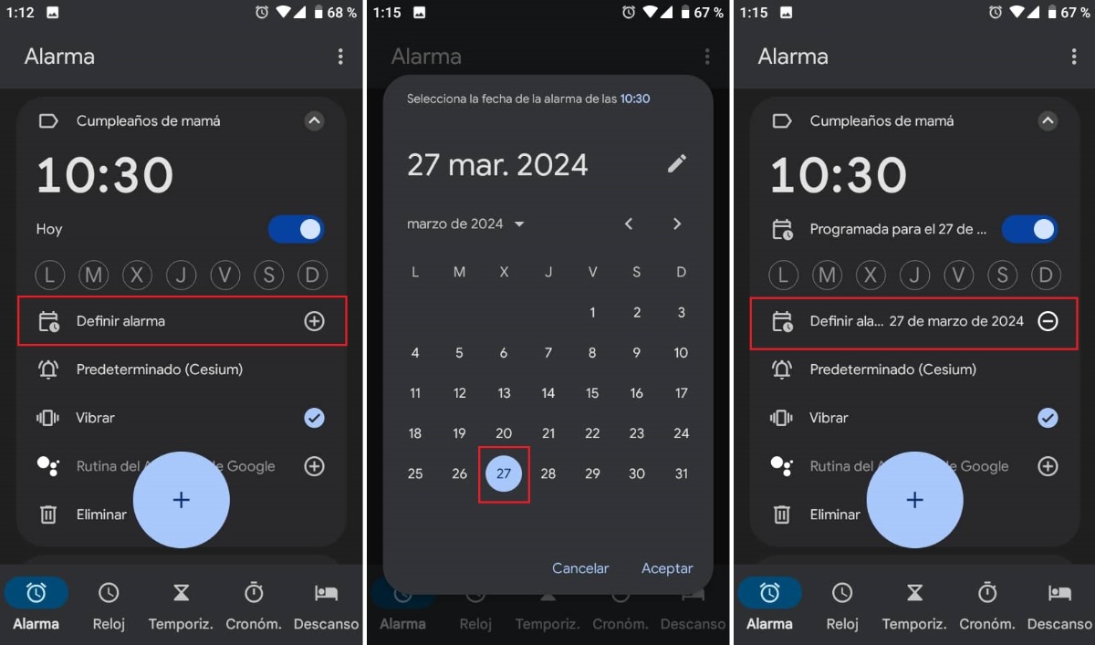 Programar una alarma para una fecha concreta