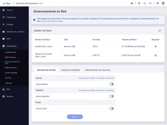 Puedes configurar facilmente tu propio NAS o almacenamiento en red GL.iNet Flint 3e