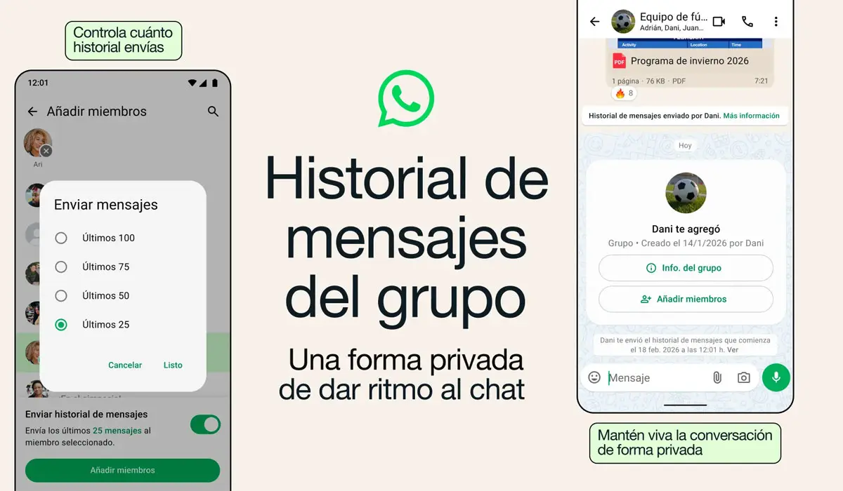 Vista de la función de historial de mensajes en grupo en WhatsApp