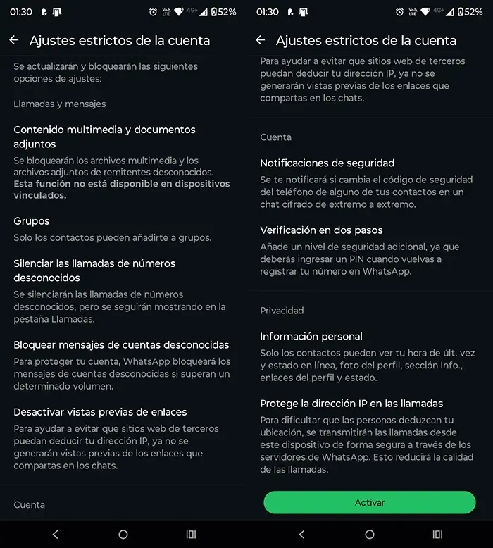 Qué son los Ajustes estrictos de la cuenta en WhatsApp