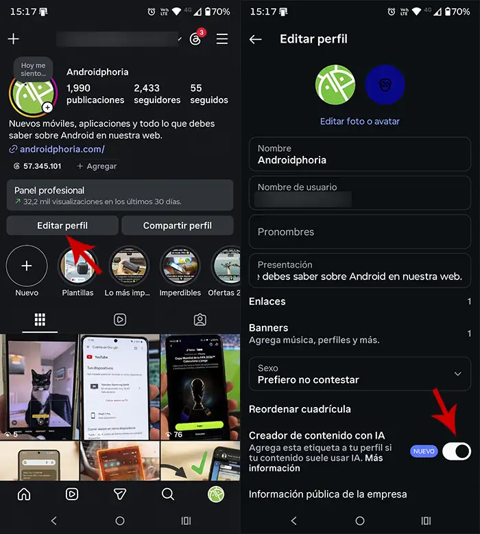 Quitar etiqueta Creador de IA Instagram