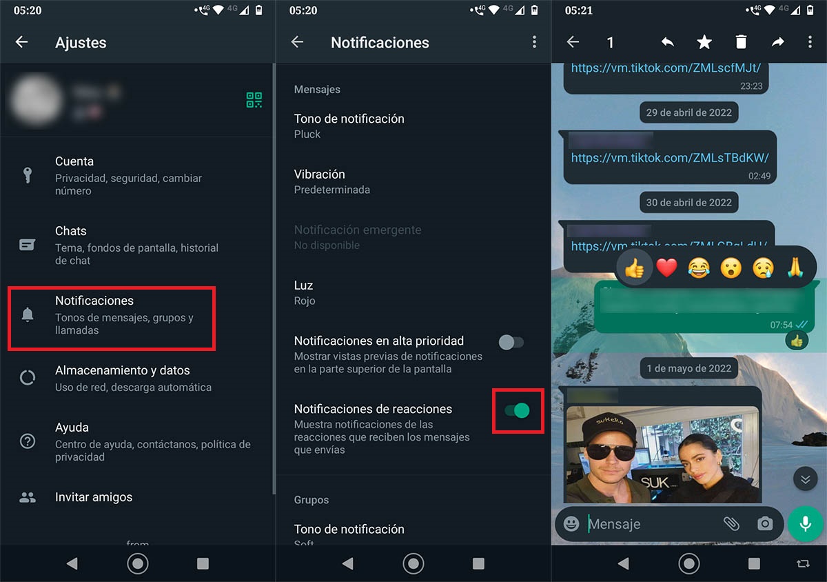 Quitar las notificaciones de reacciones WhatsApp