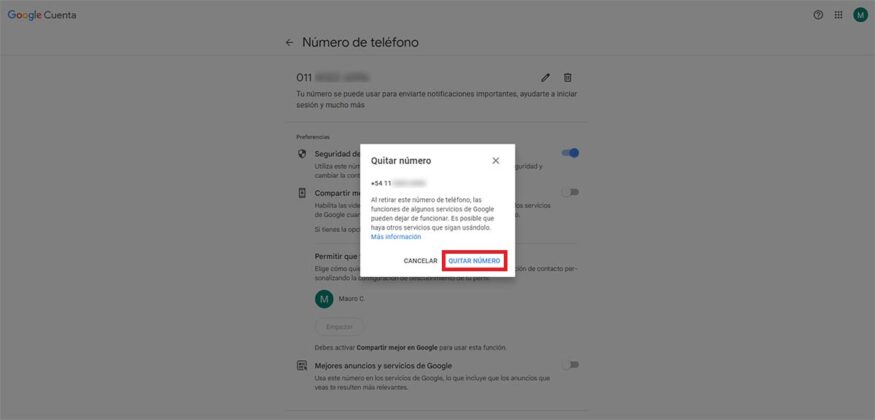Quitar numero de la cuenta de Google desde el PC