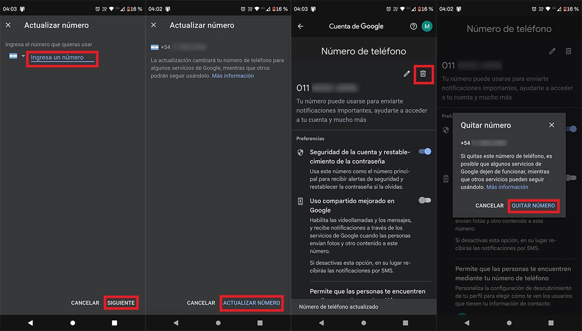 Quitar numero de telefono cuenta de Google desde el móvil