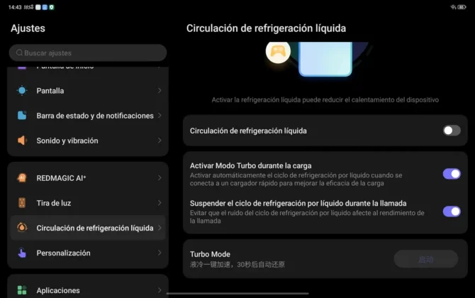 REDMAGIC Astra 2 desde la configuracion tienes opciones para la refrigeracion liquida