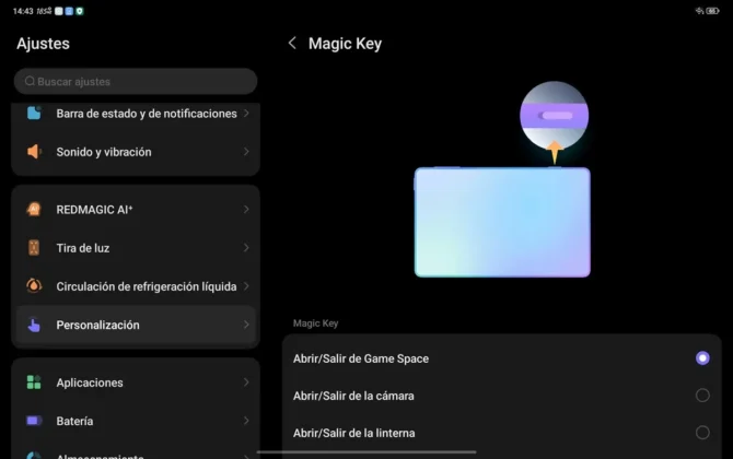 REDMAGIC Astra 2 el boton Magic Key viene configurado por defecto para abrir Magic Key pero lo puedes personalizar