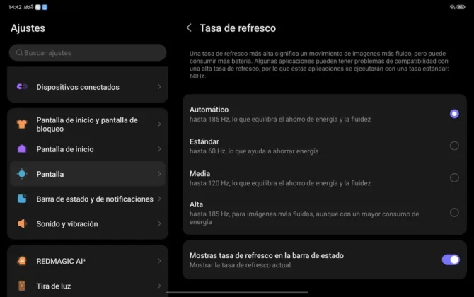 REDMAGIC Astra 2 la tasa de refresco viene configurada en automatico para ahorro de energia