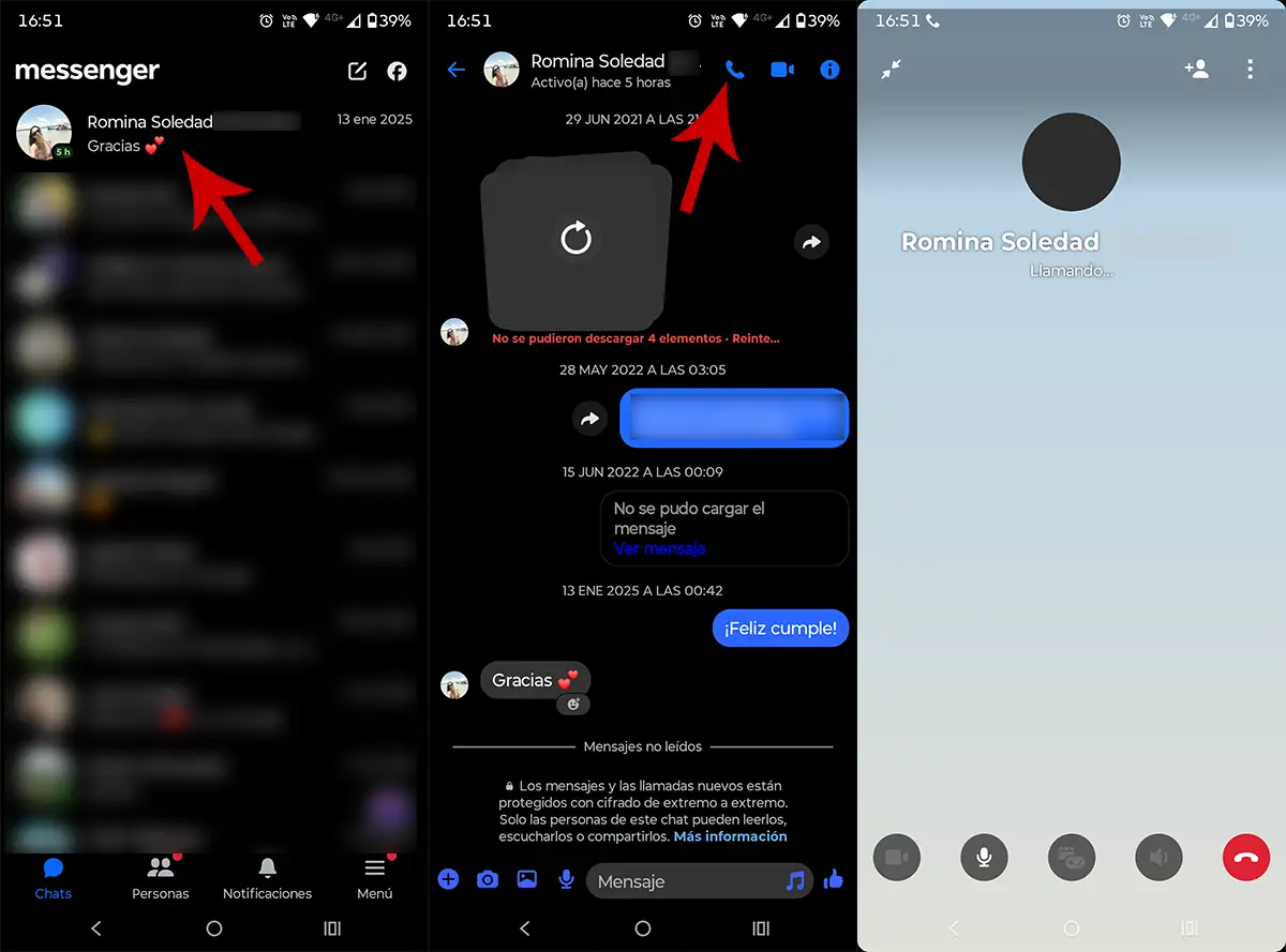 Realizar llamada de teléfono en Messenger