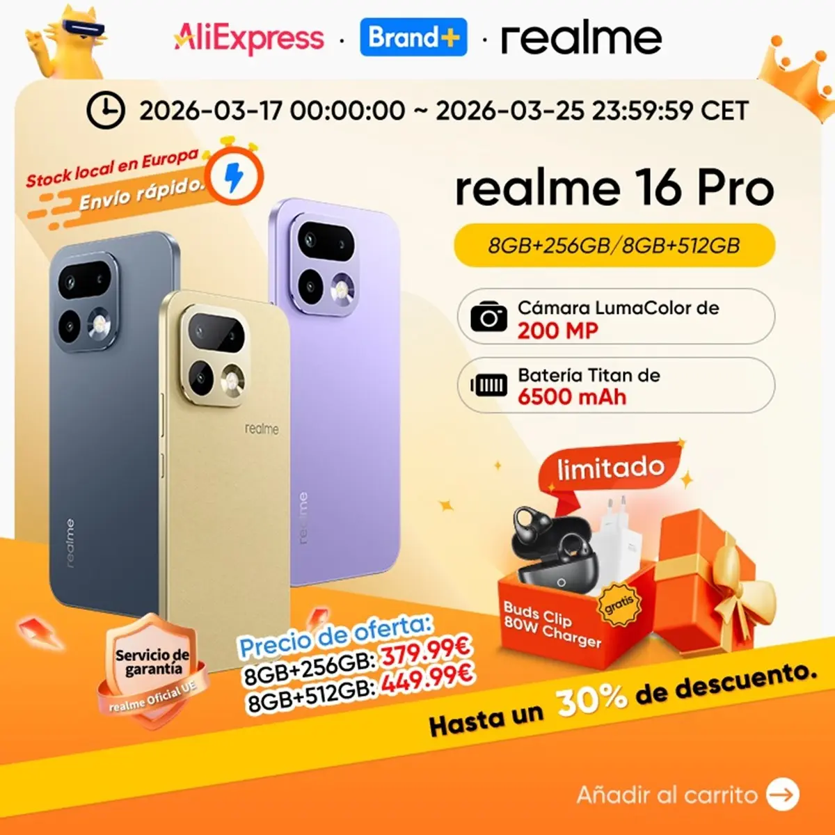 Realme 16 Pro 5G pantalla AMOLED a 144 Hz bateria de 6500 mAh y camara de 200 MP oferta aliexpress