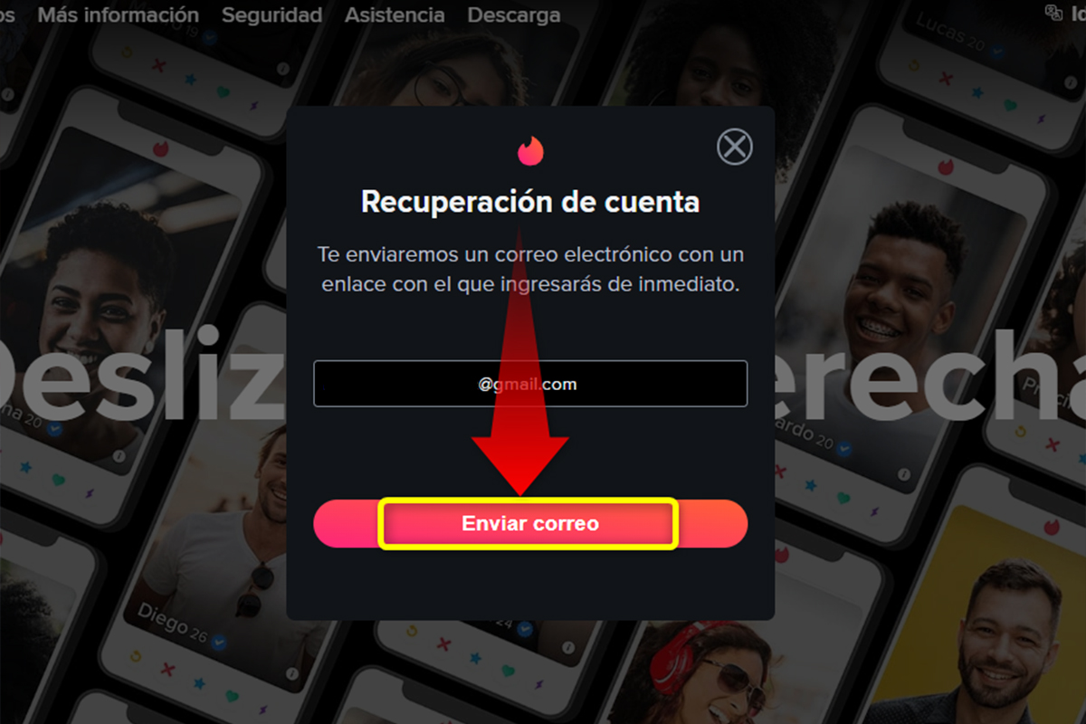 Coloca tu correo electrónico y Tinder te enviará un enlace para iniciar sesión