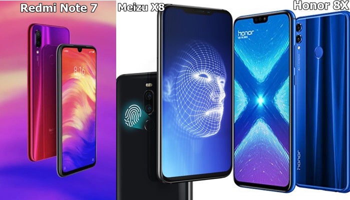 Redmi Note 7 vs Meizu X8 vs Honor 8X diseño