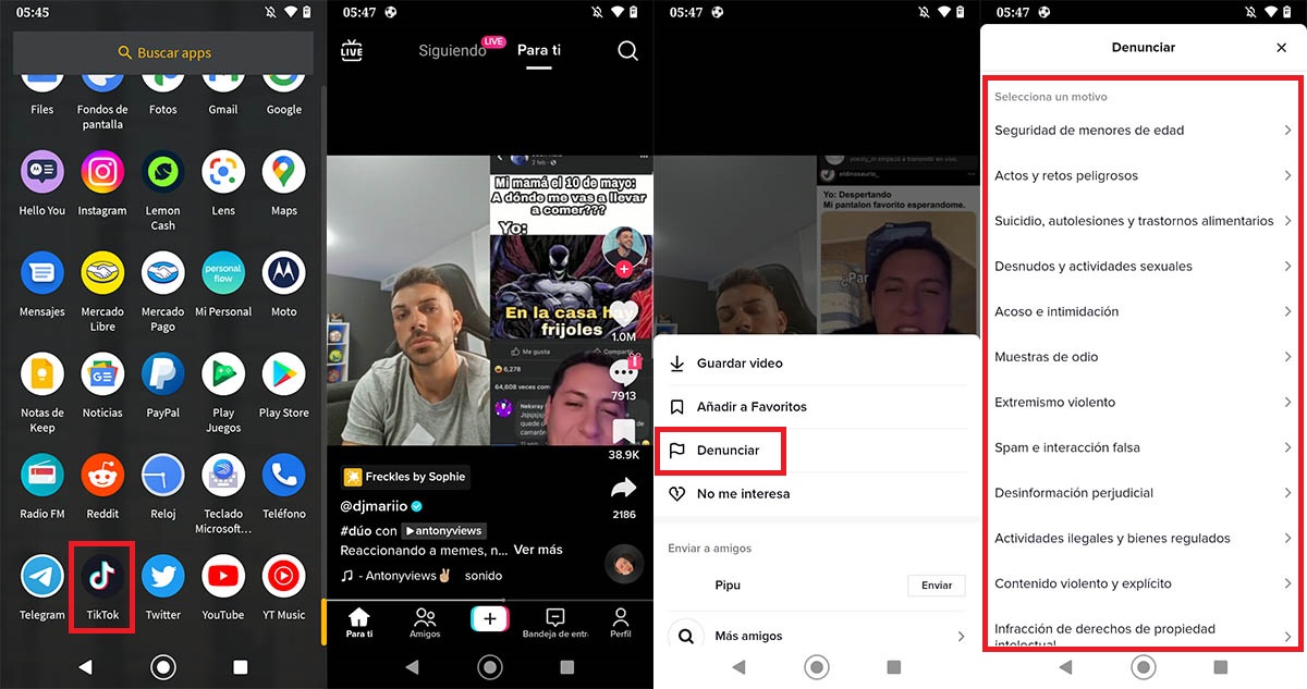 Reportar video de TikTok