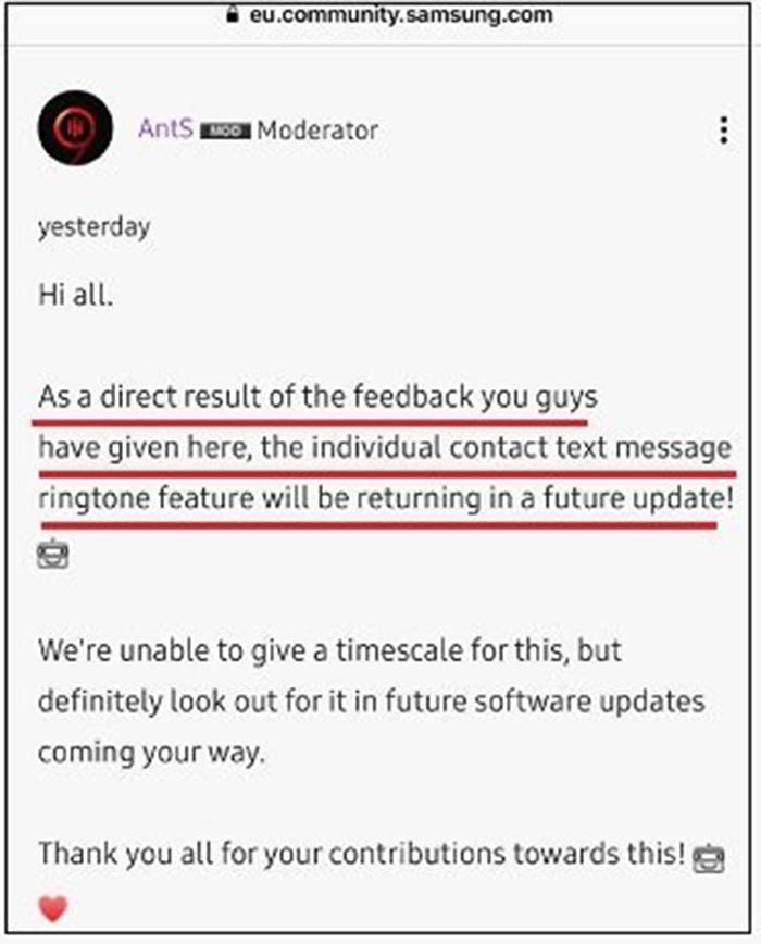 Respuesta de un moderador de samsung