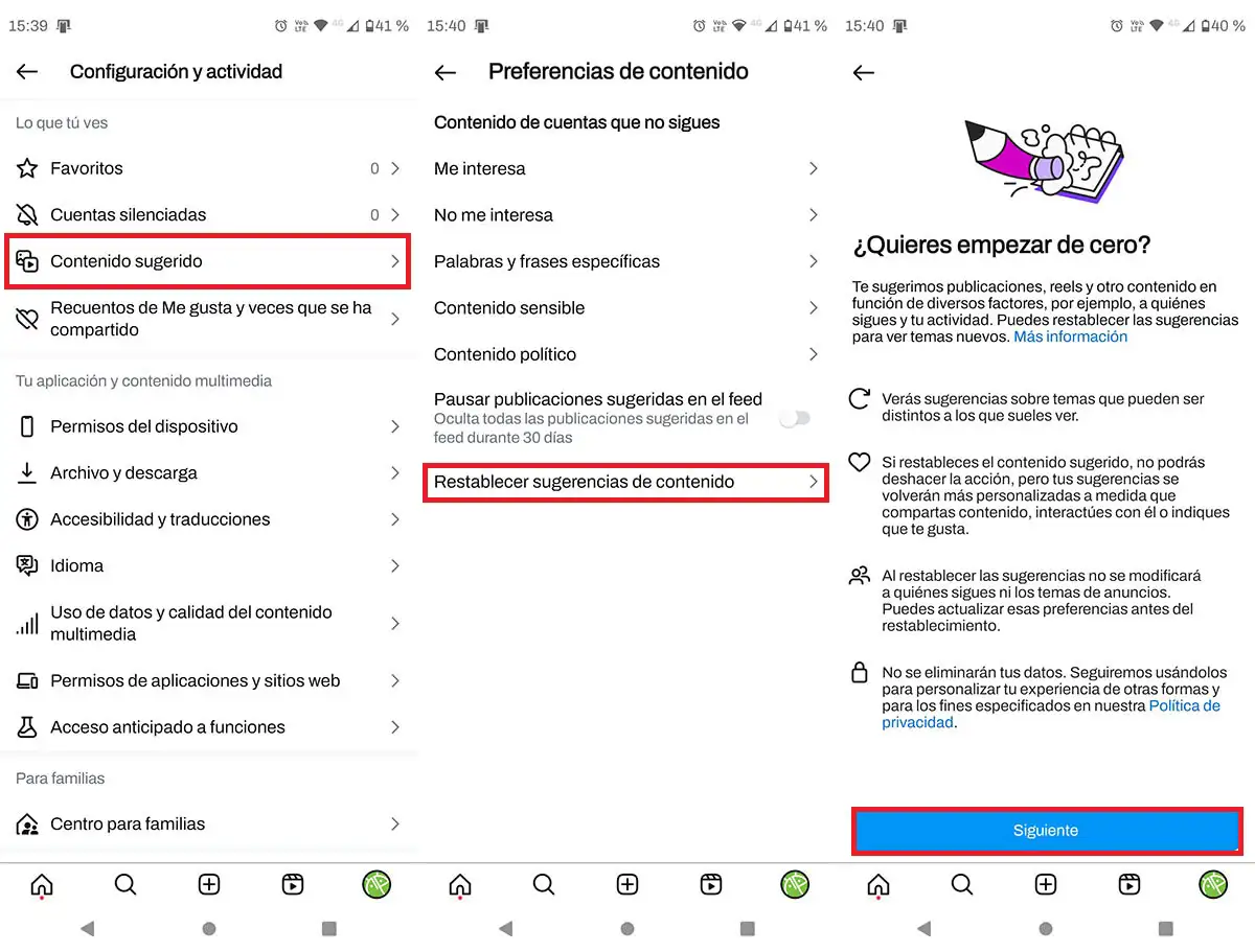 Restablecer sugerencias de contenido Instagram