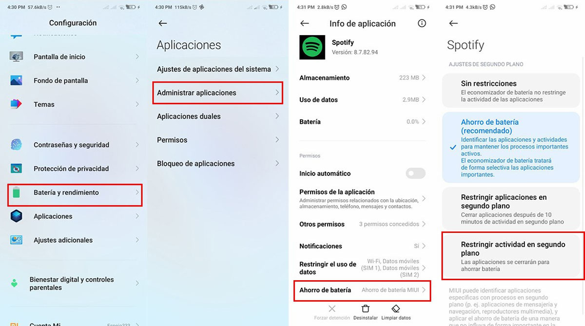 Restriccion de la actividad en segundo plano Spotify