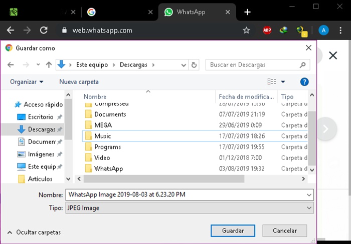 Ruta de descarga WhatsApp Web