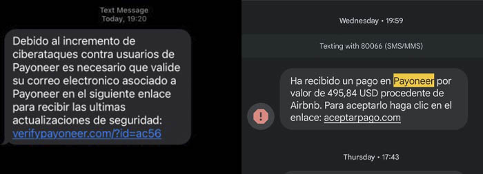 SMS falsos hackeo de Payoneer Argentina