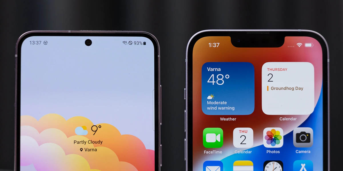 Samsung Galaxy s23 infinity 0 vs iPhone 14 notch mejores pantallas