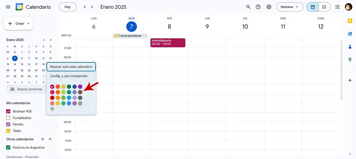 Seleccionar color del calendario de Google