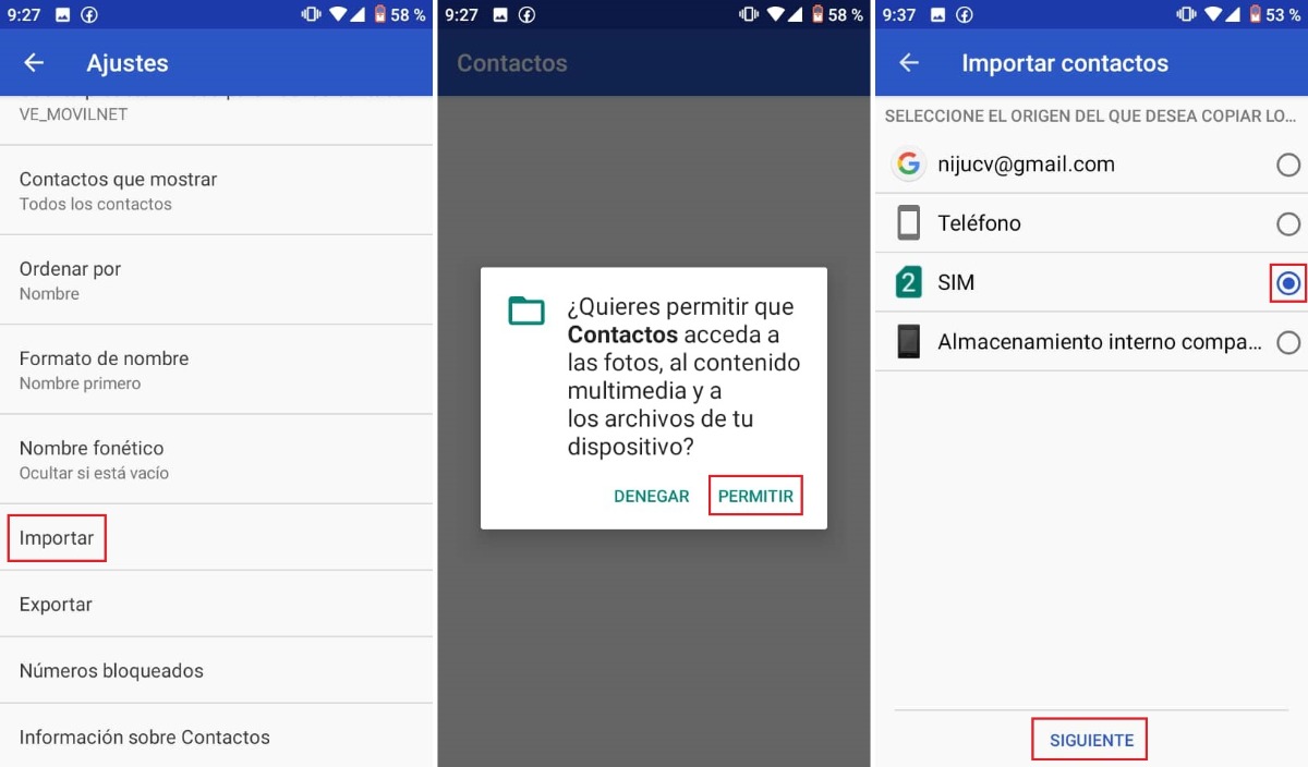 Seleccionar la tarjeta SIM para importar contactos