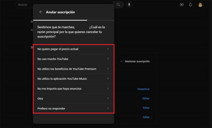 Seleccionar motivo de cancelacion a YouTube Premium