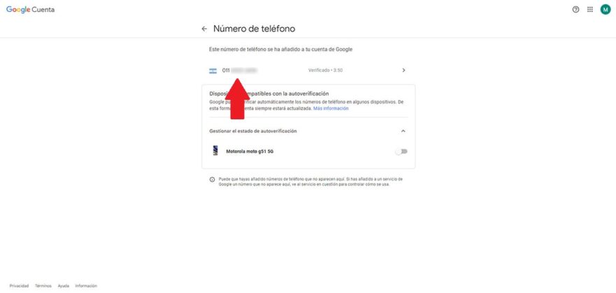 Seleccionar numero de telefono cuenta de Google