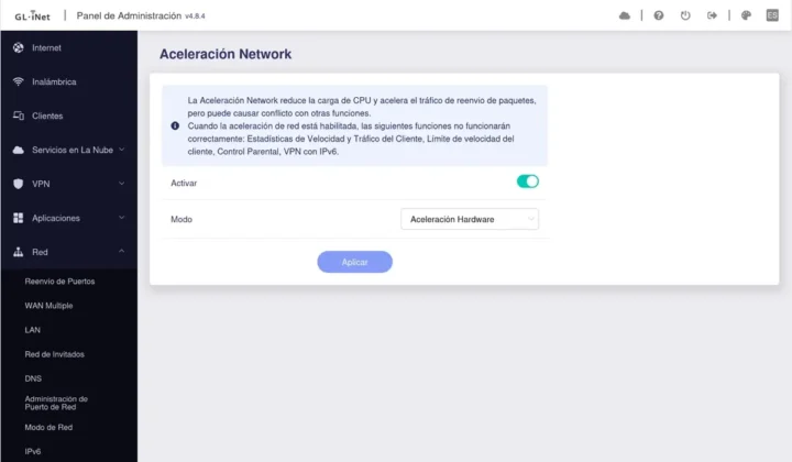 Si necesitas un extra de velocidad puedes activar la aceleracion network GL.iNet Flint 3e