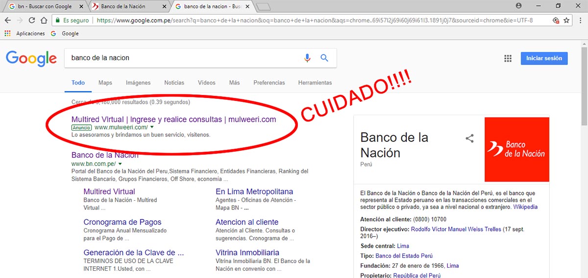 Sitios web de bancos falsos en Google