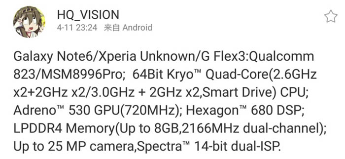Snapdragon 823 en Note 6