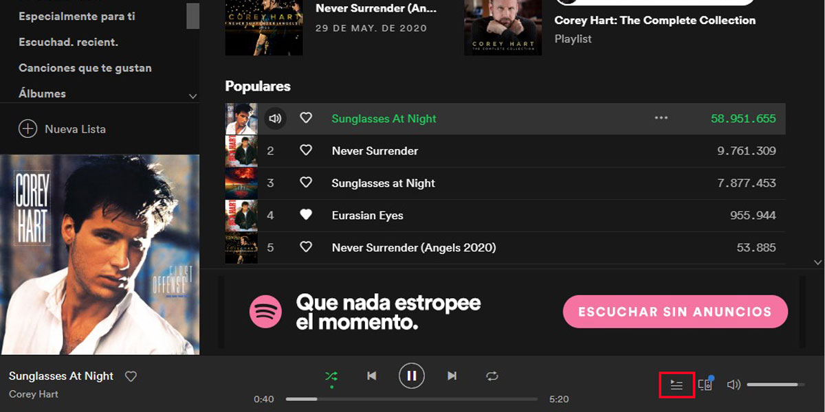 Cola de reproducción en Spotify para Windows