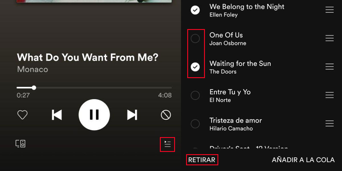 Eliminar cola de reproducción en Spotify para Android