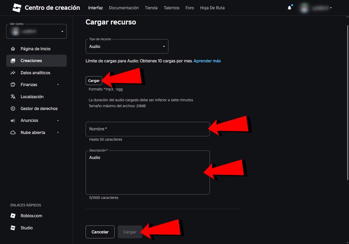Sube el audio ponle un nombre una descripcion y pulsa en Cargar