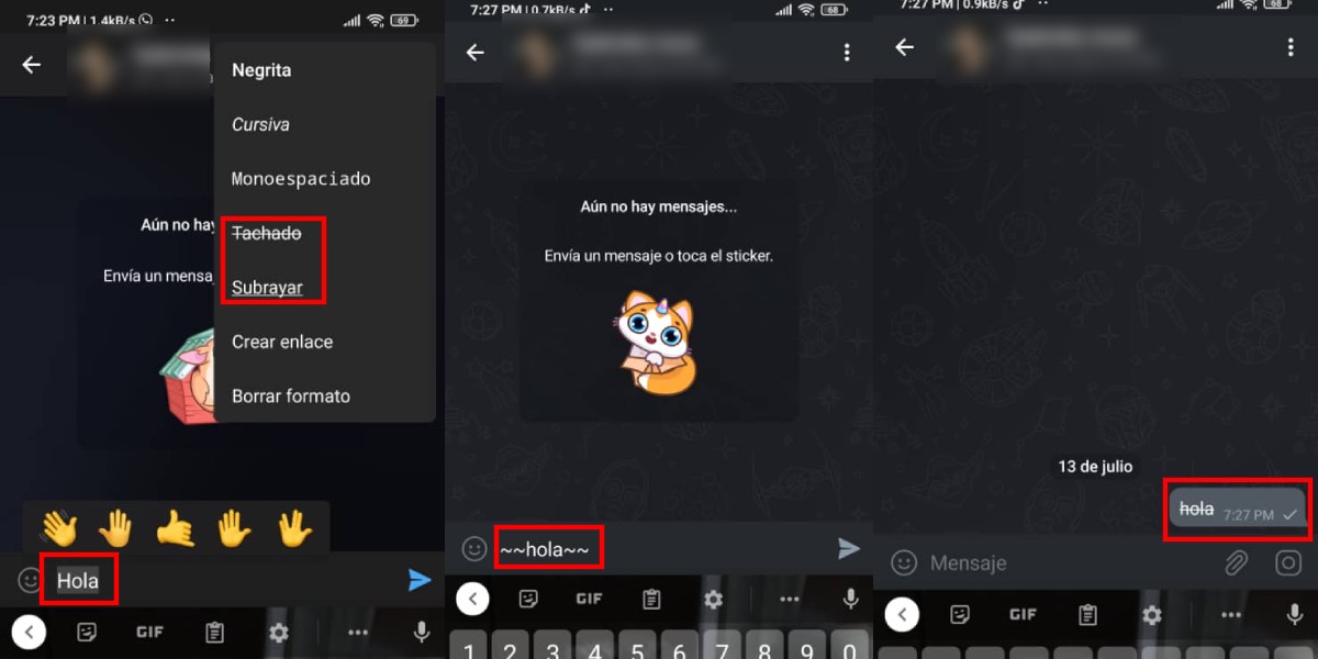 Tachar y subrayar en Telegram