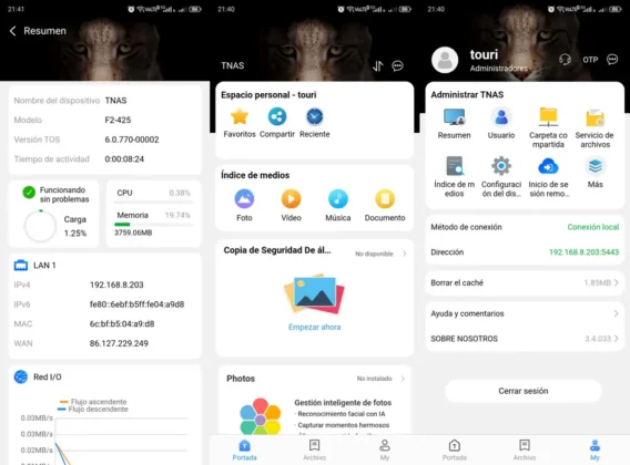 TerraMaster F2-425 interfaz de app para android