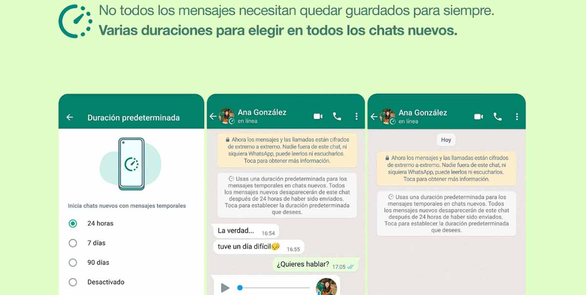 Todos los chats temporales con duración predeterminada mensajes en WhatsApp