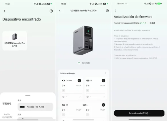 UGREEN Nexode Pro 160 W con la app UGREEN Connect puedes ver informacion de carga y hasta actualizar el cargador