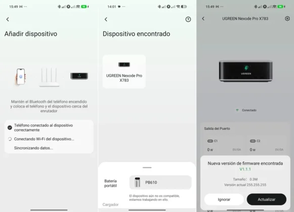 UGREEN Nexode Pro 300 W Vincularlo con la app es muy sencillo y desde ella puedes actualizar el cargador