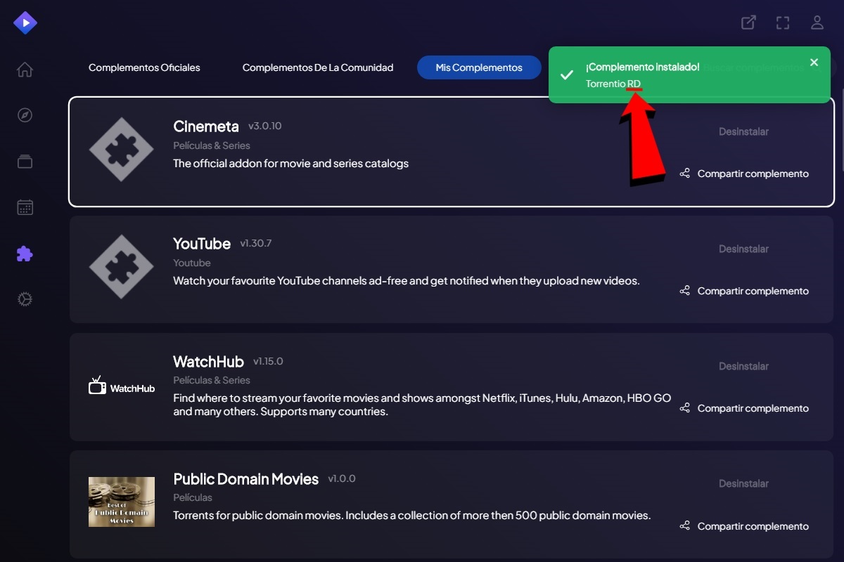 Un mensaje te avisara que ya puedes usar Real Debrid en Stremio con el addon Torrentio