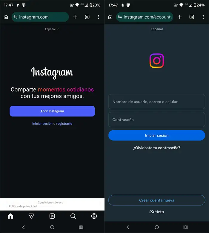 Usar Instagram sin app en Android