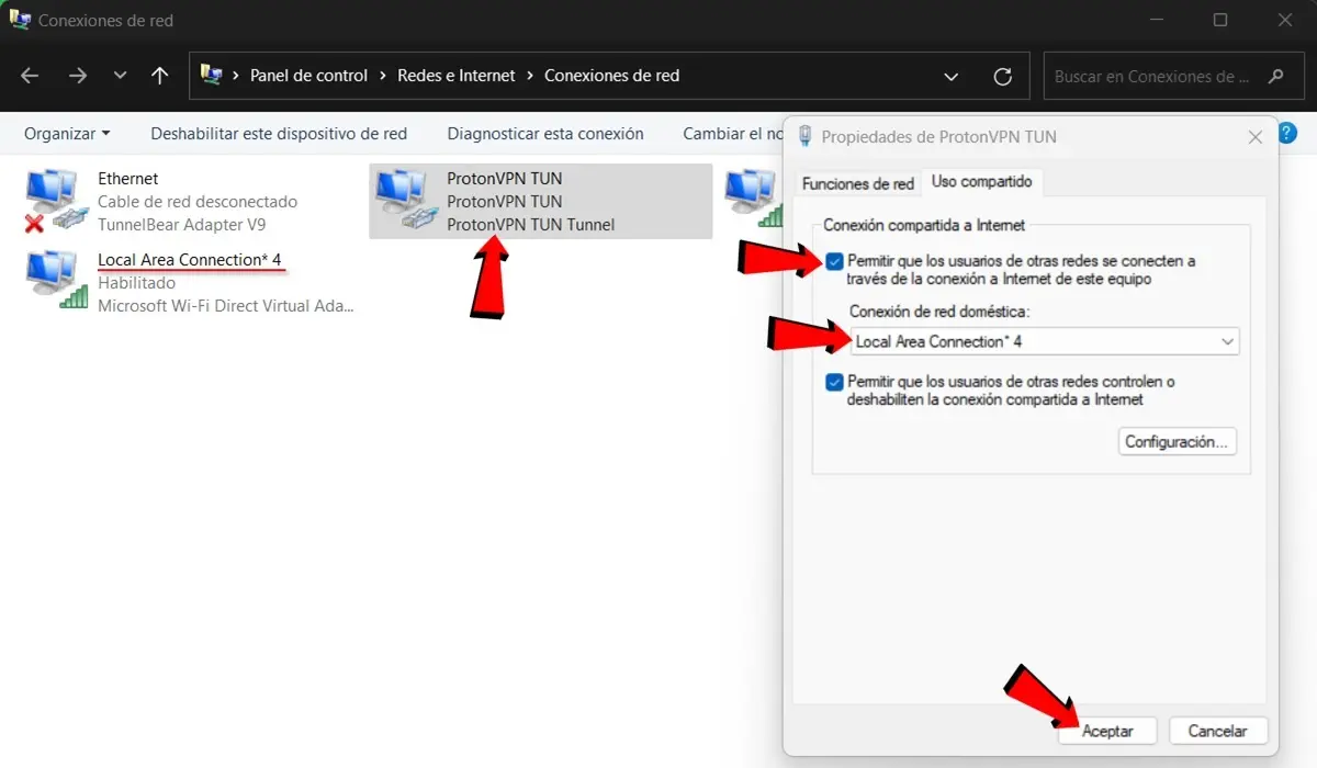 Ve a Conexiones de red desde el panel de control y activa la conexion compartida de red del ProtonVPN TUN