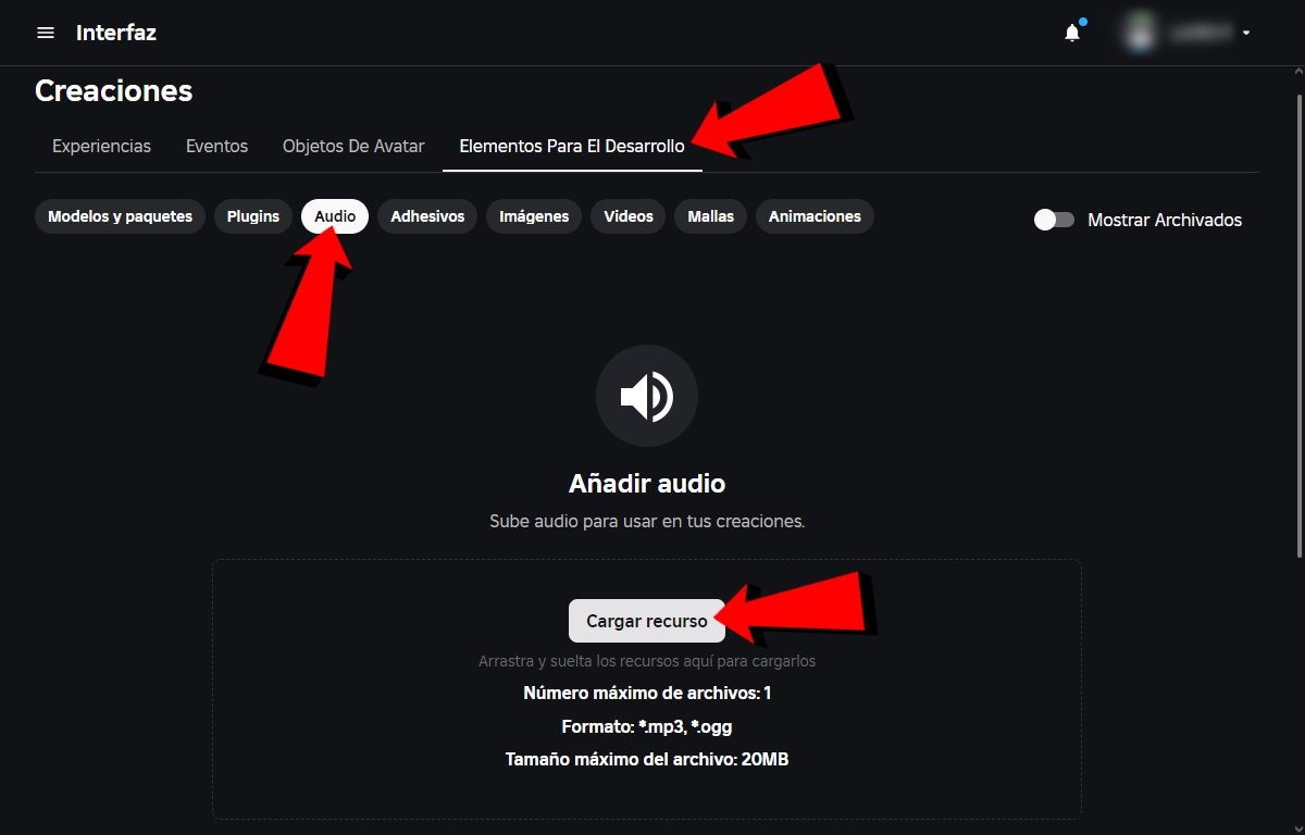 Ve a Elementos Para El Desarrollo y en Audio pulsa en Cargar recurso