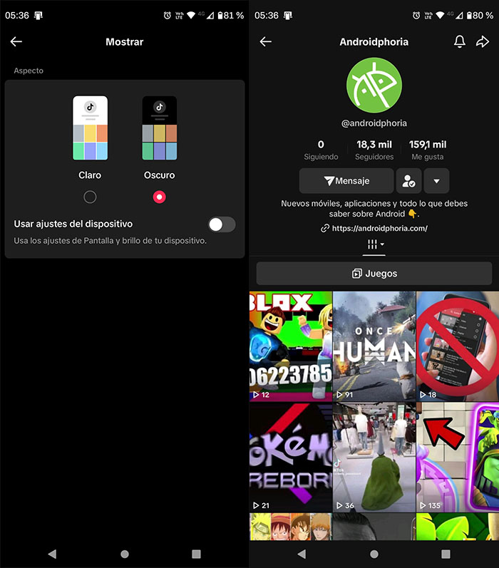 Ver TikTok Oscuro en Android