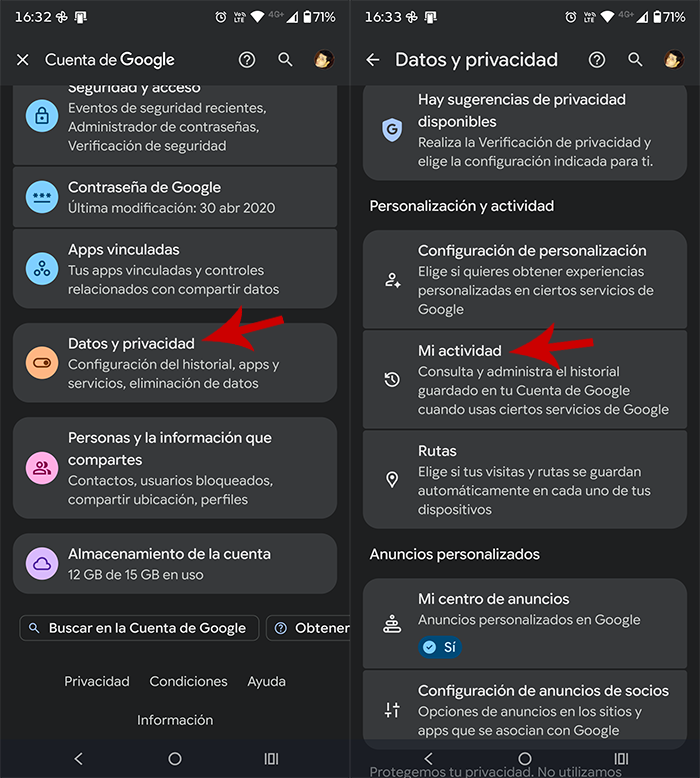 Ver actividad de Google en el móvil