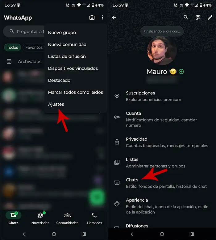 Ver ajustes de la app de WhatsApp en Android