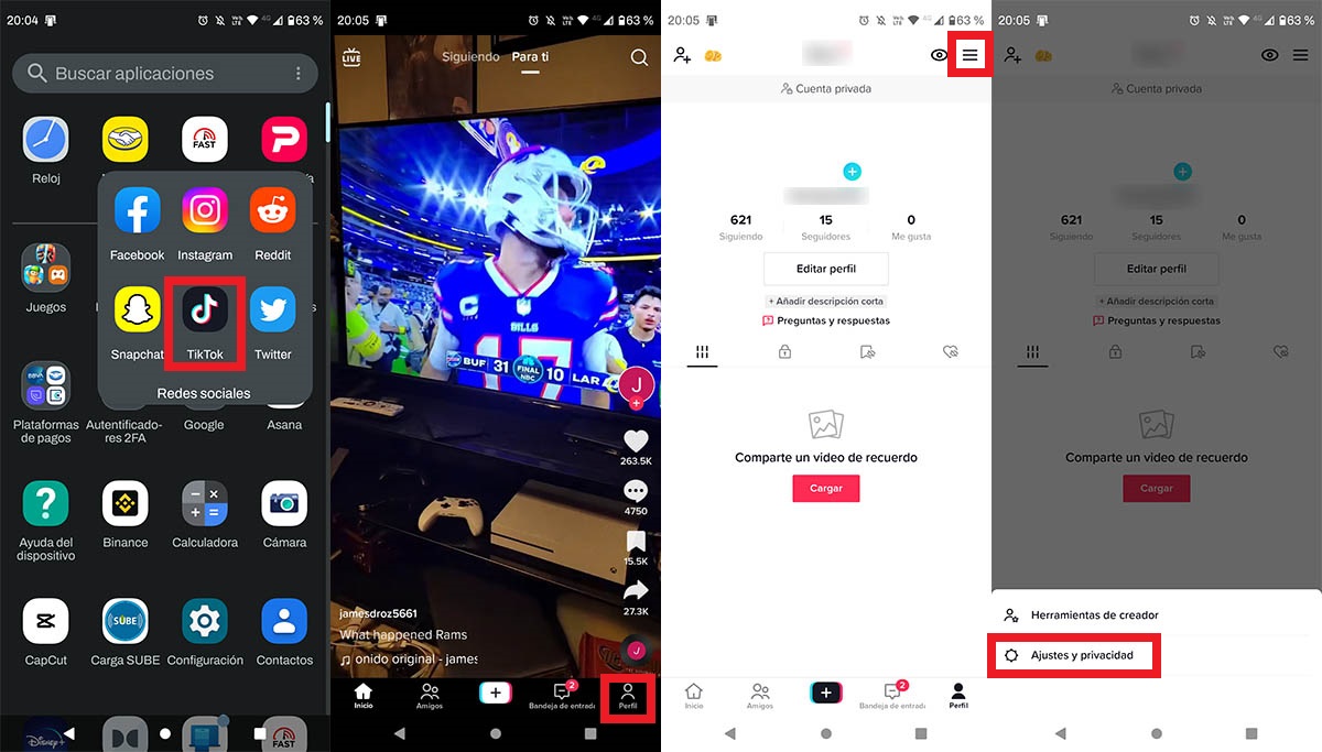 Ver ajustes y privacidad cuenta de TikTok