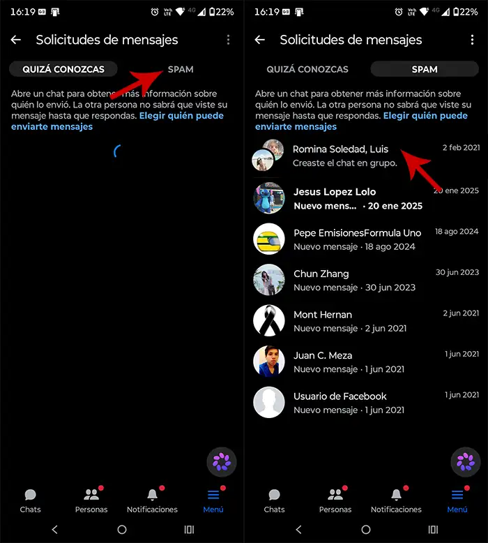Ver grupo de Messenger en SPAM